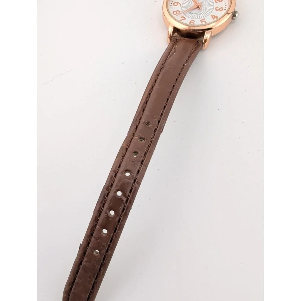 Women's Quartz Watch Rose Gold 28mm Case Brown Faux Leather Band- New Battery